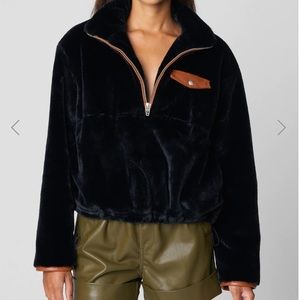 Faux Fur Pullover with Vegan leather trim and pocket- BRAND NEW. NEVER WORN.